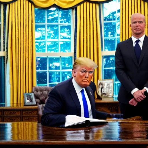 Image similar to trump sits at the resolute desk as a rainstorm fills up the oval office with water. Award winning portrait.