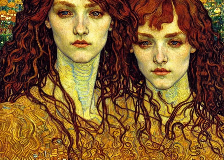 Image similar to detailed realistic beautiful young medieval queen face portrait by jean delville, gustav klimt and vincent van gogh, art nouveau, symbolist, visionary, gothic, pre - raphaelite, muted earthy colors, desaturated