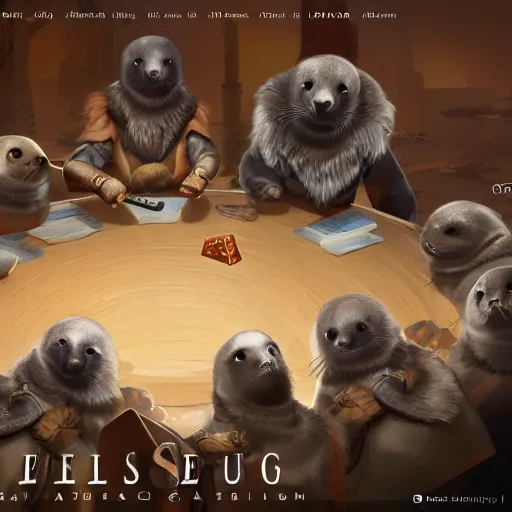 Image similar to a group of seals sitting around a table, playing dnd, cinematic lighting, trending on artstation, focused, detailed