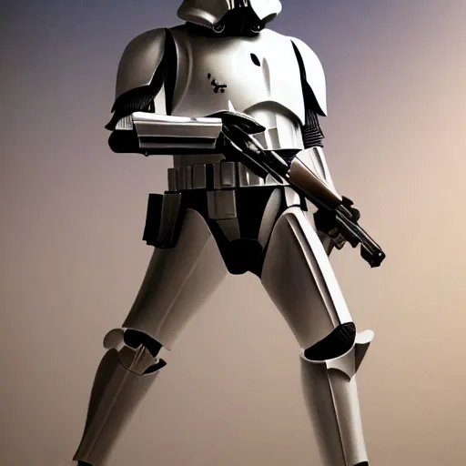 Prompt: full body shot of an imperial stormtrooper in battle position ready to shoot his blaster concept art by Doug Chiang cinematic, realistic painting, high definition, very detailed, extremely high detail, photo realistic, concept art, the Mandalorian concept art style