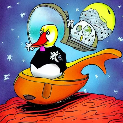 Prompt: tim burton duck riding spaceship
