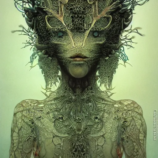 Image similar to a creature from a parallel universe by alexander mcqueen, zdzisław beksinski and alphonse mucha. highly detailed, hyper - real, very beautiful, intricate fractal details, very complex, opulent, epic, mysterious, trending on deviantart and artstation