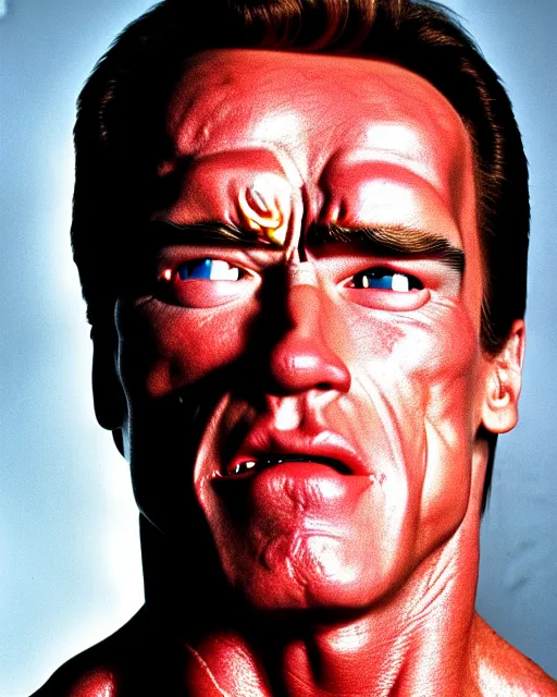 Image similar to arnold schwarzenegger as a damaged terminator, red eye, photo