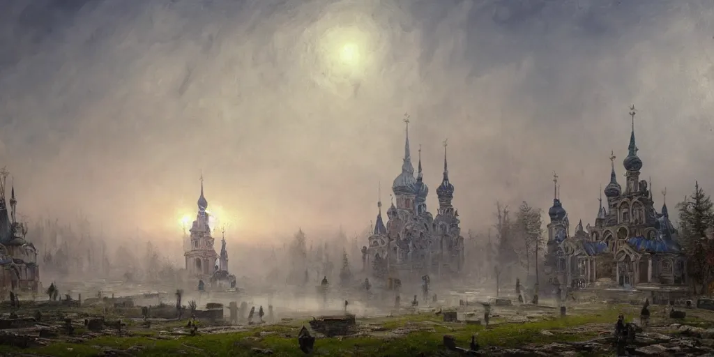 Image similar to beautiful magical ancient Slavic city of Kitezh in mist, magical glow, magic mist, strange buildings, oil painting, painting by Viktor Vasnetsov, concept art, fantasy cityscape, ancient Russian architecture, painting by Ivan Shishkin, hyperborea, high resolution, trending on artstation, hyperrealism