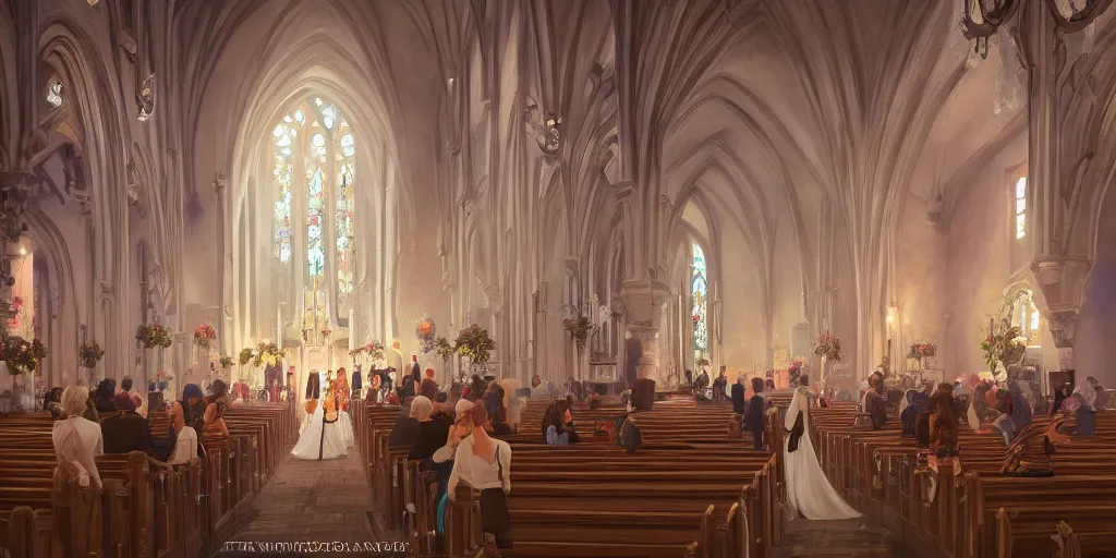 Prompt: a wedding in a church, extremely detailed oil painting, unreal 5 render, rhads, Bruce Pennington, Studio Ghibli, tim hildebrandt, digital art, octane render, beautiful composition, trending on artstation, award-winning photograph, masterpiece