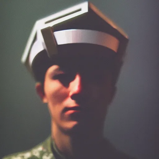 Image similar to close up kodak portra 4 0 0 photograph of a futuristic soldier after the battle standing in dark forestin crowd, flower crown, moody lighting, telephoto, 9 0 s vibe, blurry background, vaporwave colors, faded