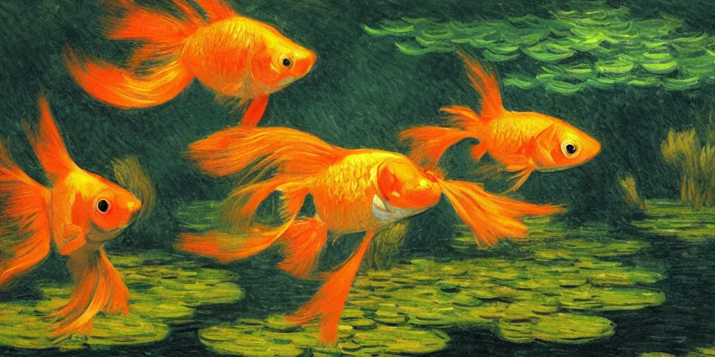 Image similar to An aesthetically pleasing, dynamic, energetic, lively, well-designed digital art of goldfish in a pond viewed from underwater, light and shadow, chiaroscuro, by Claude Monet and Vincent Van Gogh, superior quality, masterpiece, excellent use of negative space. 8K, superior detail, widescreen.