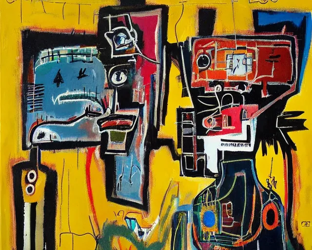 Prompt: painting of a cyborg questioning his reality by graham sutherland, basquiat, neo - expressionism, muted colors!!!