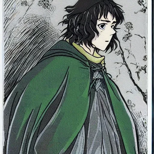 Image similar to peregrin took from the anime lord of the rings (1986), dark hair, green cape, studio ghibli, very detailed, realistic