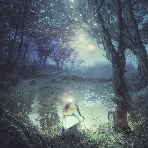 Image similar to goth woman in a moonlight view, in a forest, a river, tankoban, 4 k, tone mapping, akihiko yoshida, james jean andrei riabovitchev marc simonetti, yoshitaka amano, long hair, curly, h. hydrochaeri