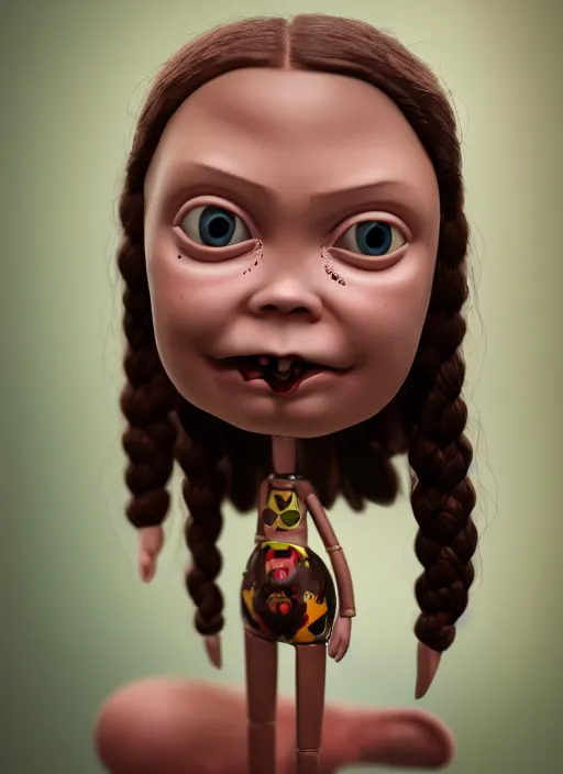 Image similar to closeup face profile portrait of tin toy greta thunberg as a vampire, bikini, depth of field, zeiss lens, detailed, symmetrical, centered, fashion photoshoot, by nicoletta ceccoli, mark ryden, lostfish, breathtaking, 8 k resolution, extremely detailed, beautiful, establishing shot, artistic, hyperrealistic, octane render