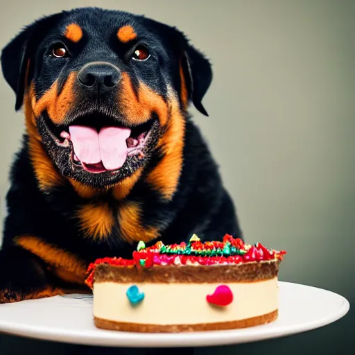 Image similar to a high - quality photo of a cute rottweiler with a half - eaten birthday cake, 4 5 mm, f 3. 5, sharpened, iso 2 0 0, raw, food photography