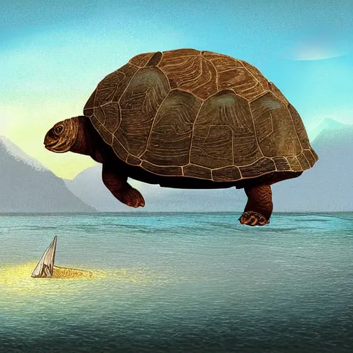 Image similar to giant tortoise coming out of the sea between the mountains, sunset, it carries a small house on its shell, digital art