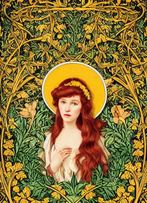 Image similar to masterpiece beautiful flowing curves pin up pose preraphaelite portrait photography, extreme closeup shot, straight bangs, thick set features, yellow ochre ornate medieval dress, amongst foliage mushroom forest arch, circle, william morris and kilian eng and mucha, framed, 4 k