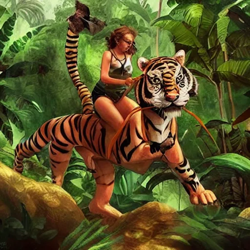 Image similar to girl riding giant tiger in the jungle, trending on artstation