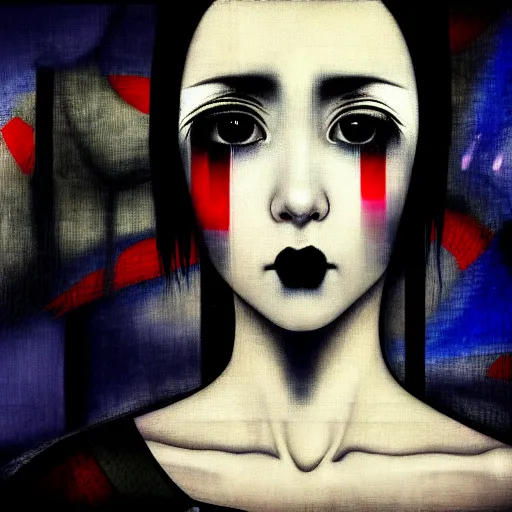 Image similar to yoshitaka amano blurred and dreamy realistic three quarter angle portrait of a young woman with black lipstick and black eyes wearing dress suit with tie, junji ito abstract patterns in the background, satoshi kon anime, noisy film grain effect, highly detailed, renaissance oil painting, weird portrait angle, blurred lost edges