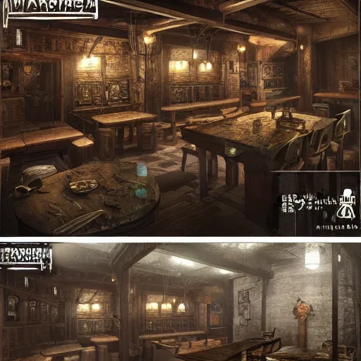 Image similar to Realistic Interior Concept design of very very very highly detailed Tavern in Mixed style of Medieval and in style of Cyberpunk, Many details by Hiromasa Ogura. More cyberpunk less Medieval. Panorama 360 degrees Rendered in unreal engine 5, artstationHD, 4k, 8k, 3d render, 3d Houdini, cinema 4d, octane RTX volumetric natural light without Yellow hue