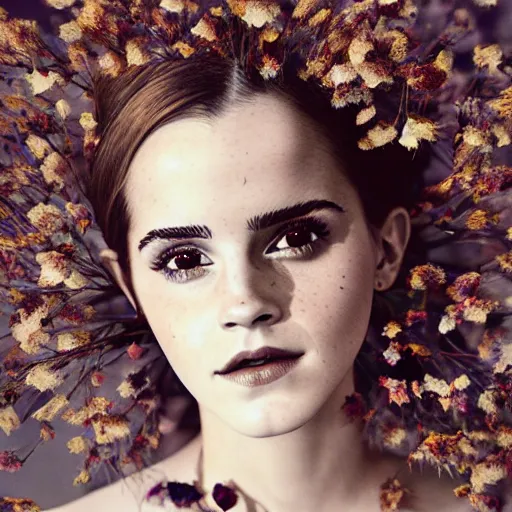 Prompt: fine art photo of the beauty goddess emma watson, she has a crown of dried flowers, by oleg oprisco