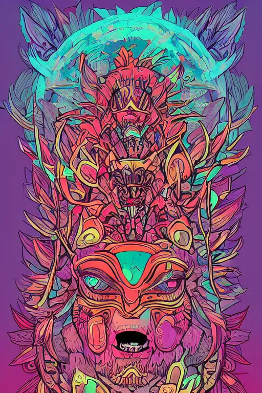 Image similar to totem animal mask tribal feather gemstone plant wood rock shaman vodoo video game vector illustration vivid multicolor borderlands comics by josan gonzales and dan mumford radiating a glowing aura