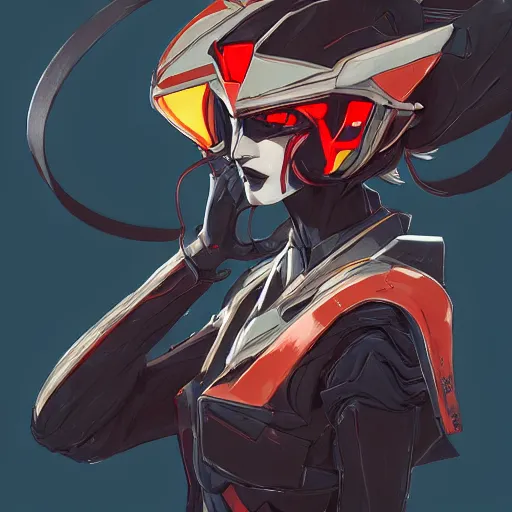 Prompt: a portrait of a stunning beautiful vampire fox gundam pilot, with an intricate, detailed, urban inspired hiphop afro futuristic helmet, vector behance hd jesper ejsing, rhads, makoto shinkai, lois van baarle, ilya kuvshinov, rossdraws, hd, 3 2 k, ilya kuvshinov, gustav klimt