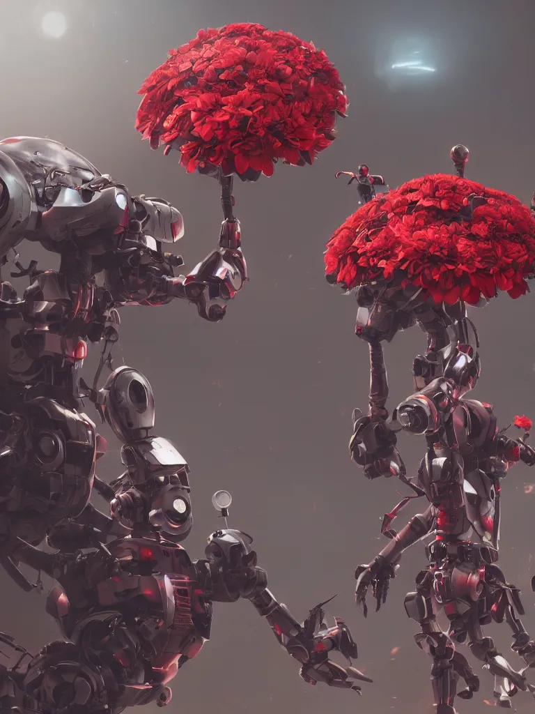 Prompt: a concept art of red flower, robots, people, movie keyframe, cinematic lighting, highly detailed, realistic details, rendered in octane, 4 k post - processing highly