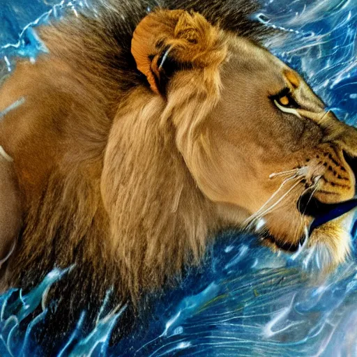 Image similar to a male lion's face breaching through a wall of water, water sprites, splashing, deep blue water color, highly detailed