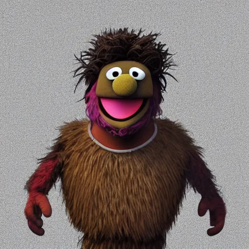 Image similar to a still of a forgotten muppet character looking very manly and modern, hilarious, laughing, hairy chest, huge chin, manly monster tough guy, roughled fur, photo real, photographic, photograph, artstation, trending, featured