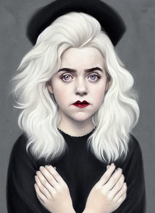 Image similar to full body portrait, kiernan shipka as sabrina spellman, white hair, obese, bangs, sultry, realistic, sultry smirk, fluffy bangs, curly bangs, fat, belly, intricate, elegant, highly detailed, digital painting, artstation, concept art, smooth, sharp focus, illustration, art by wlop, mars ravelo and greg rutkowski