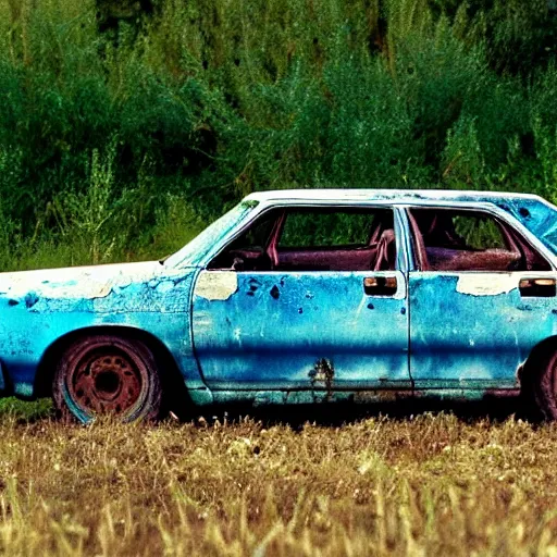 Prompt: A long shot photograph of a rusty, worn out, broken down, decrepit, run down, dingy, faded, chipped paint, tattered, beater 1976 Denim Blue Dodge Aspen in a farm field, photo taken in 1989