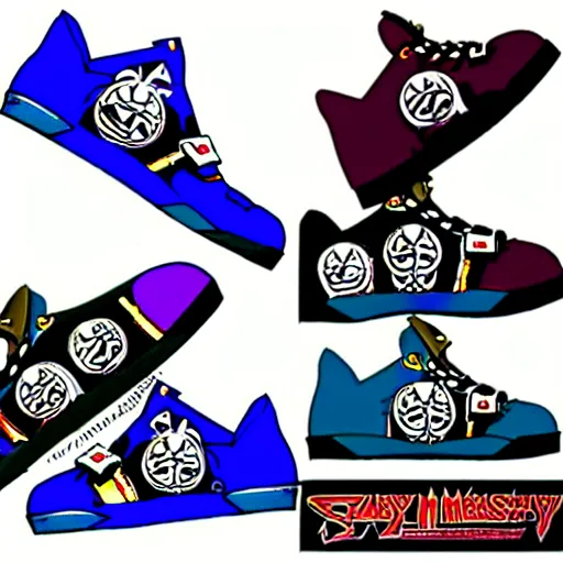 Image similar to fantasy jrpg sneaker design designed by capcom megaman, chrono trigger guilty gear sneaker styles, aztec mayan street fashion native punk sneaker design, focus on megaman hip hop sneaker design with subtle mayan patterns, trending on pixiv fanbox, painted by akira toriyama and studio ghibli princess mononoke megaman capcom