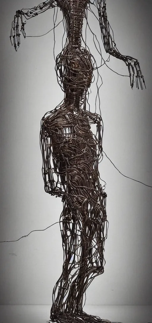 Image similar to human made out of wires and machinery, body horror, creepy, disturbing, dark,