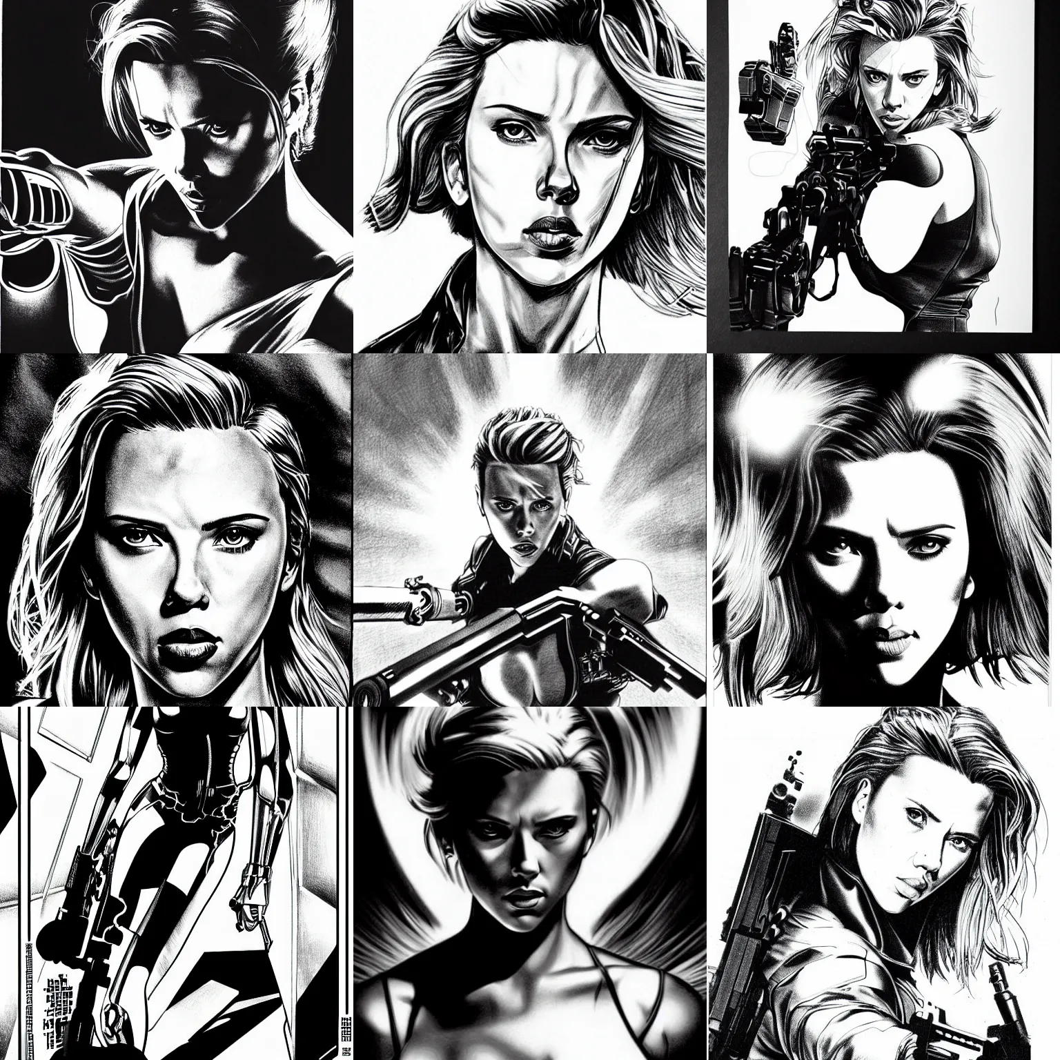 Prompt: scarlett johansson as the terminator, black and white, dynamic angle, pencil and ink manga, elegant, highly detailed, dramatic lighting
