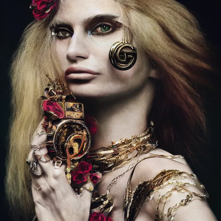 Image similar to gorgeous gucci goddess, future fashion, stylish deity, model, volumetric, concept art, gucci, digital painting, beautiful, slick, hd, 1 3 5 mm, by annie leibovitz, by giger