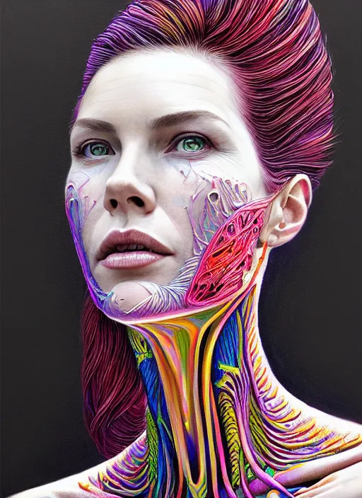 Image similar to portrait of catriona balfe as a long - neck woman with neck rings, hyper detailed ultra sharp trending on artstation, warpaint aesthetic, colorful, psychedelic, ornate, intricate, digital painting, concept art, smooth, sharp focus, illustration, art by artgerm and greg rutkowski and h. r. giger, 8 k