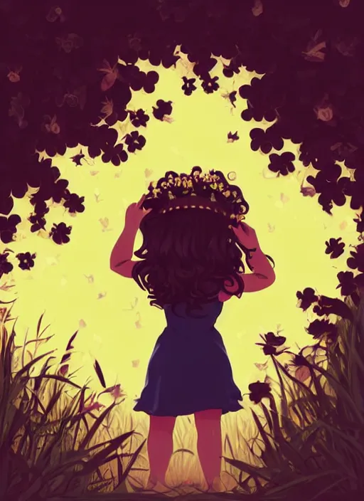 Image similar to little girl with wavy curly light brown hair. wearing a flower crown and chasing fireflies in the woods. clean cel shaded vector art. shutterstock. behance hd by lois van baarle, artgerm, helen huang, by makoto shinkai and ilya kuvshinov, rossdraws, illustration, art by ilya kuvshinov