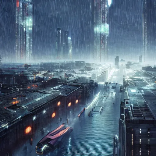 Prompt: a future city in 2 0 4 9 with rain, darness