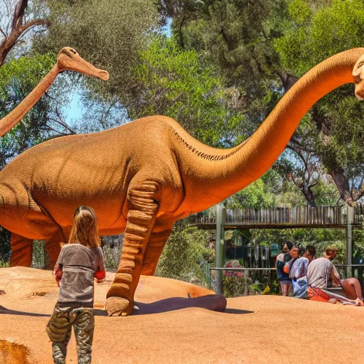 Prompt: photograph of a real brontosaurus exhibit at san diego zoo, tourists in background, bokeh, high definition, slr, golden hour, 4 k