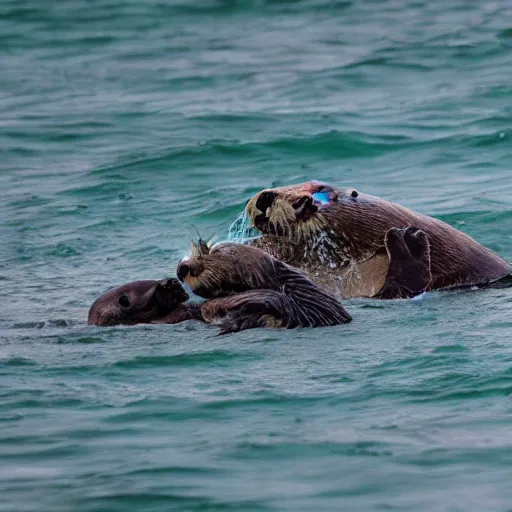 Prompt: A picture of a giant sea otter with dogs crossing over it