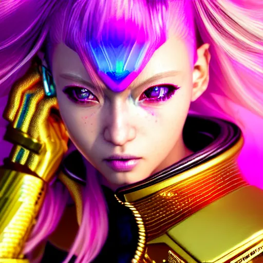 Image similar to hyperdetailed portrait of a stunningly beautiful cyberpunk cutie with blonde hair guard made of iridescent metals and shiny pink gems, bright rainbow nimbus, gold necklace, gold background inspired by ross tran and masamune shirow and kuvshinov, intricate, photorealistic, octane render, rtx, hdr, unreal engine, dnd digital art by artgerm