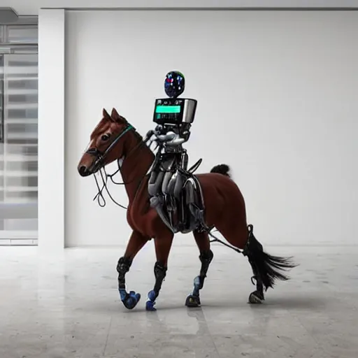 Prompt: a robot riding a horse in an office