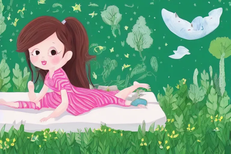 Prompt: a beautiful illustration of a little cute girl on her bed dreaming about a beautiful green forest with cute animals, detailed face, beautiful colors, digital art