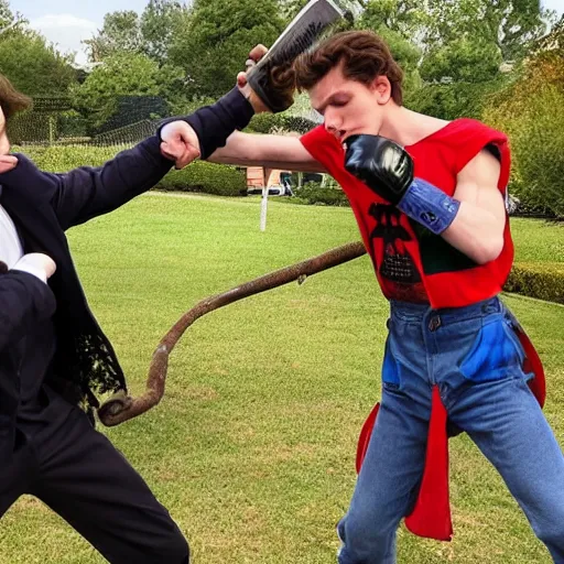 Prompt: tom holland fighting michael jackson with a chainsaw