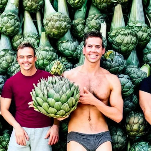 Prompt: a familly photo of 5 shirtless people holding an artichoke