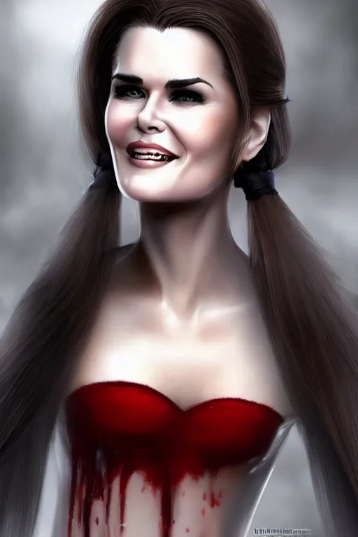 Image similar to mix of beautiful young maria shriver, mariel hemmingway, brooke shields, nicole kidman and elle macpherson as a vampire showing vampire teeth, ready to bite, thin lips, hair tied up in a pony tail, dark blonde hair, colorful, deviantart, artstation, cgsociety