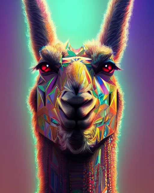 Prompt: highly detailed surreal vfx portrait of a metallic chromatic geometric tribal llama, behance, stephen bliss, unreal engine, greg rutkowski, loish, rhads, beeple, makoto shinkai and lois van baarle, ilya kuvshinov, rossdraws, tom bagshaw, alphonse mucha, global illumination, detailed and intricate environment