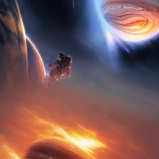 Image similar to burning astronaut falling through the majestic clouds of jupiter, by cedric peyravernay and feng zhu, highly detailed, excellent composition, cinematic concept art, dramatic lighting, trending on artstation