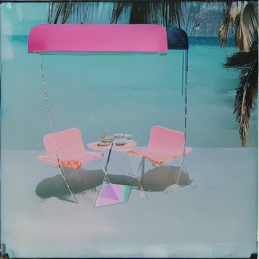 Image similar to a pastel colour high fidelity Polaroid art photo from a holiday album at a seaside with abstract inflatable parachute furniture, all objects made of transparent iridescent Perspex and metallic silver, no people, iridescence, nostalgic