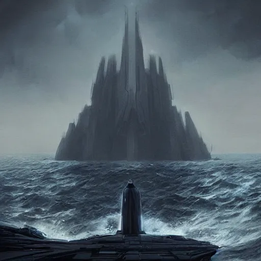 Image similar to star wars concept art by greg rutkowski, a palatial and imposing grey tall man in dark clothes godemerging from the sea in the middle of a ocean landscape, enigmatic atmosphere, beautiful and cinematic lighting, artstation hq.