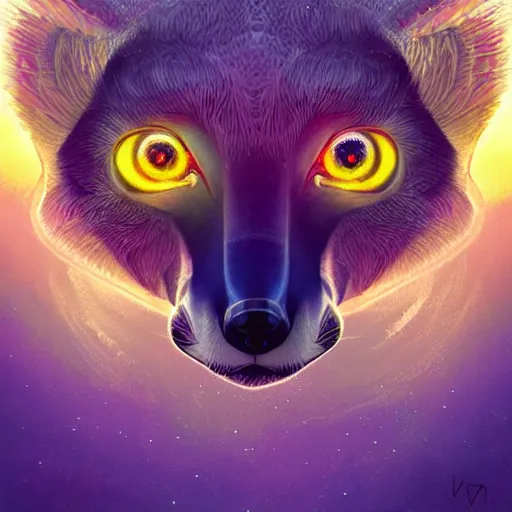 Prompt: centered Geometric symmetrical lemur with galaxy eyes, sun in the background, intricate, elegant, highly detailed, digital painting, artstation, concept art, smooth, sharp focus, illustration, art by artgerm