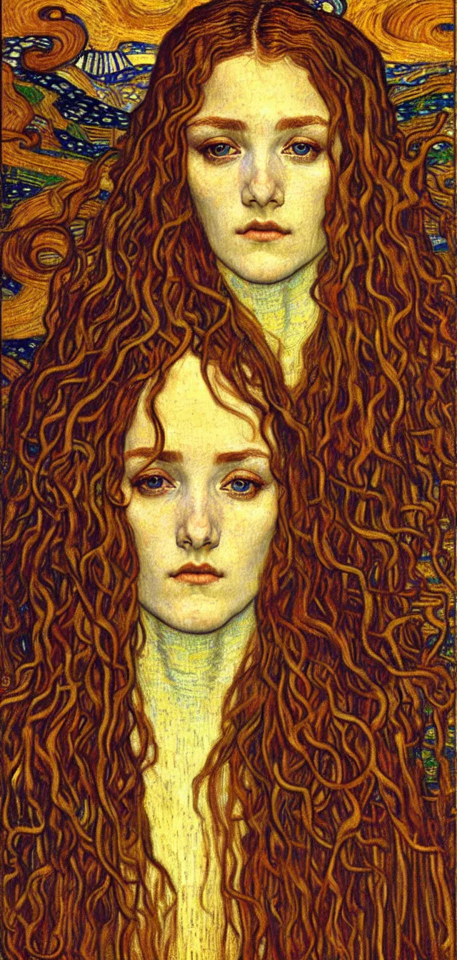 Image similar to detailed realistic beautiful young medieval queen face portrait by jean delville, gustav klimt and vincent van gogh, art nouveau, symbolist, visionary, gothic, pre - raphaelite, muted earthy colors, desaturated